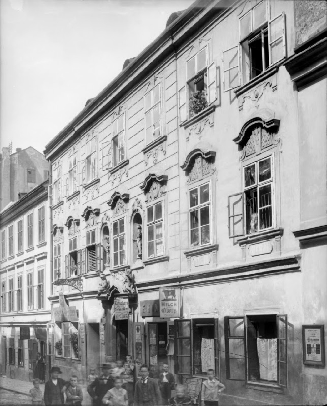 Historic view of Stiftgasse with the old dairy shop